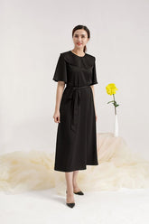Silk Midi Dress with Cape Collar and Self-Tie Waist